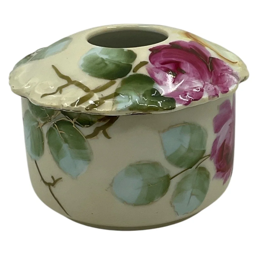 Vintage Vienna Hand Painted‎ Hair Receiver Porcelain Pale Yellow Base Pink Roses